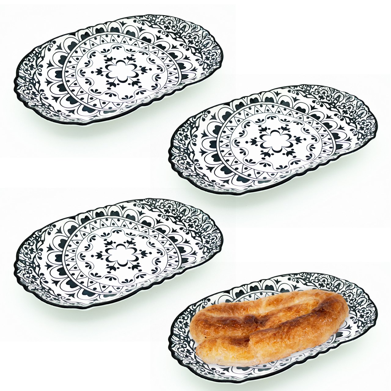 4lü Porselen Oval Tabak Çiçek Desenli 26cm Siyah TR-1094