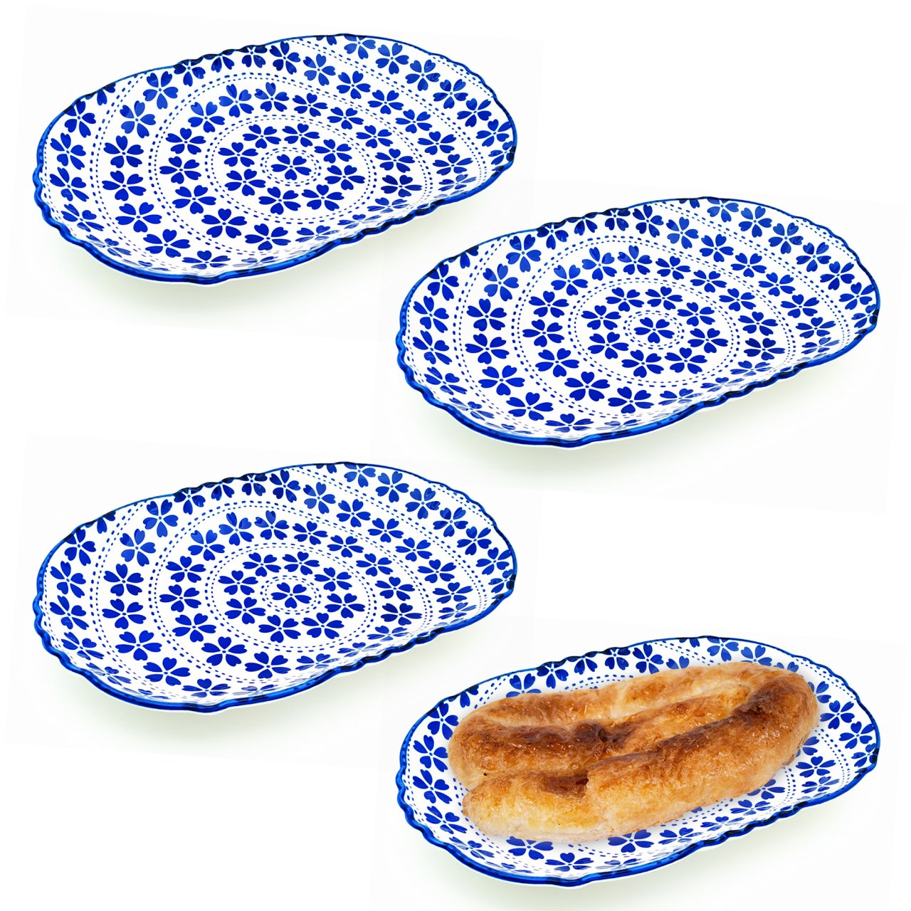 4lü Porselen Oval Tabak Yonca Desenli 26cm Mavi TR-1094