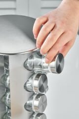 20 li Cam Baharatlık 360 Dönebilen Standlı Krom Baharat Seti Tezgah Üstü Paslanmaz