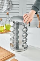 20 li Cam Baharatlık 360 Dönebilen Standlı Krom Baharat Seti Tezgah Üstü Paslanmaz