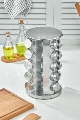 20 li Cam Baharatlık 360 Dönebilen Standlı Krom Baharat Seti Tezgah Üstü Paslanmaz