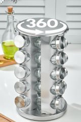 20 li Cam Baharatlık 360 Dönebilen Standlı Krom Baharat Seti Tezgah Üstü Paslanmaz