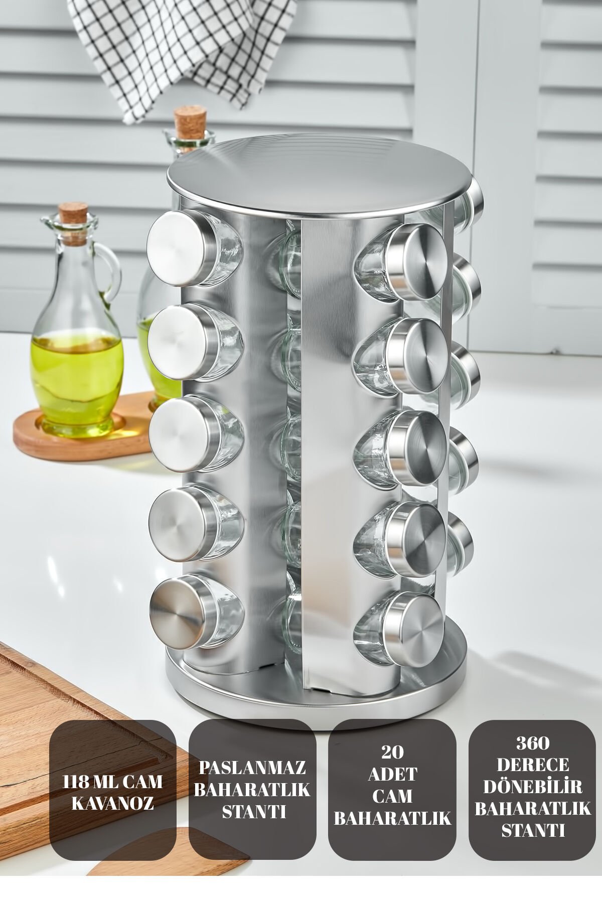 20 li Cam Baharatlık 360 Dönebilen Standlı Krom Baharat Seti Tezgah Üstü Paslanmaz