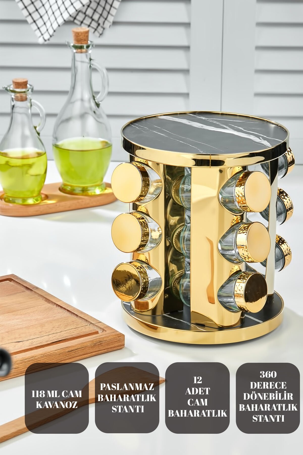 12 li Cam Baharatlık 360 Dönebilen Standlı Gold Baharat Seti Tezgah Üstü Paslanmaz