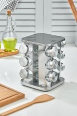 12 li Cam Baharatlık 360 Dönebilen Standlı Krom Kare Baharat Seti Tezgah Üstü Paslanmaz