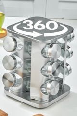 12 li Cam Baharatlık 360 Dönebilen Standlı Krom Kare Baharat Seti Tezgah Üstü Paslanmaz