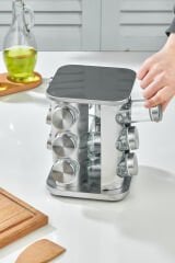 12 li Cam Baharatlık 360 Dönebilen Standlı Krom Kare Baharat Seti Tezgah Üstü Paslanmaz