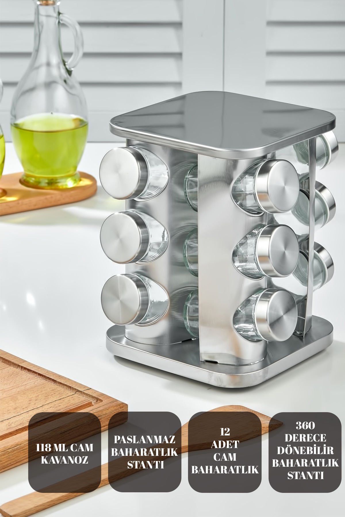 12 li Cam Baharatlık 360 Dönebilen Standlı Krom Kare Baharat Seti Tezgah Üstü Paslanmaz
