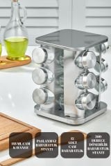 12 li Cam Baharatlık 360 Dönebilen Standlı Krom Kare Baharat Seti Tezgah Üstü Paslanmaz