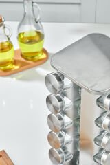 20 li Cam Baharatlık 360 Dönebilen Standlı Krom Kare Baharat Seti Tezgah Üstü Paslanmaz