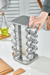 20 li Cam Baharatlık 360 Dönebilen Standlı Krom Kare Baharat Seti Tezgah Üstü Paslanmaz