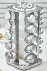 20 li Cam Baharatlık 360 Dönebilen Standlı Krom Kare Baharat Seti Tezgah Üstü Paslanmaz