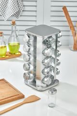 20 li Cam Baharatlık 360 Dönebilen Standlı Krom Kare Baharat Seti Tezgah Üstü Paslanmaz