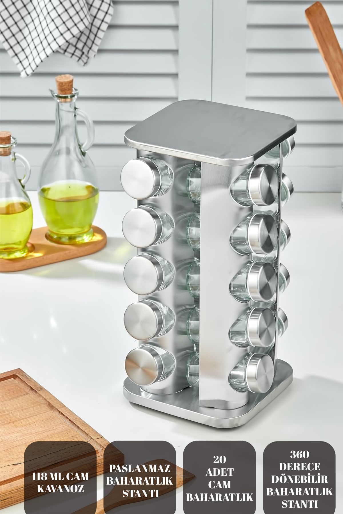 20 li Cam Baharatlık 360 Dönebilen Standlı Krom Kare Baharat Seti Tezgah Üstü Paslanmaz