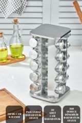 20 li Cam Baharatlık 360 Dönebilen Standlı Krom Kare Baharat Seti Tezgah Üstü Paslanmaz