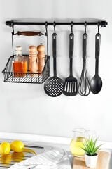 Duvar Rayı Askılık Siyah Askı Mutfak Askısı Sepetli Askılık , Siyah Retro Sepet Ve Askılık