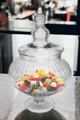 Üfleme Cam Drajelik Kurabiyelik Kavanoz Fanus Şekerlik 31cm Maria