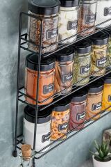 3 Katlı Büyük Stand 18 Li Yuvarlak Cam Baharat Seti - Baharat Takımı Siyah