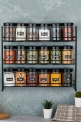 3 Katlı Büyük Stand 18 Li Yuvarlak Cam Baharat Seti - Baharat Takımı Siyah