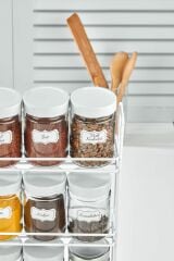 3 Katlı Büyük Stand 18 Li Yuvarlak Cam Baharat Seti - Baharat Takımı Beyaz