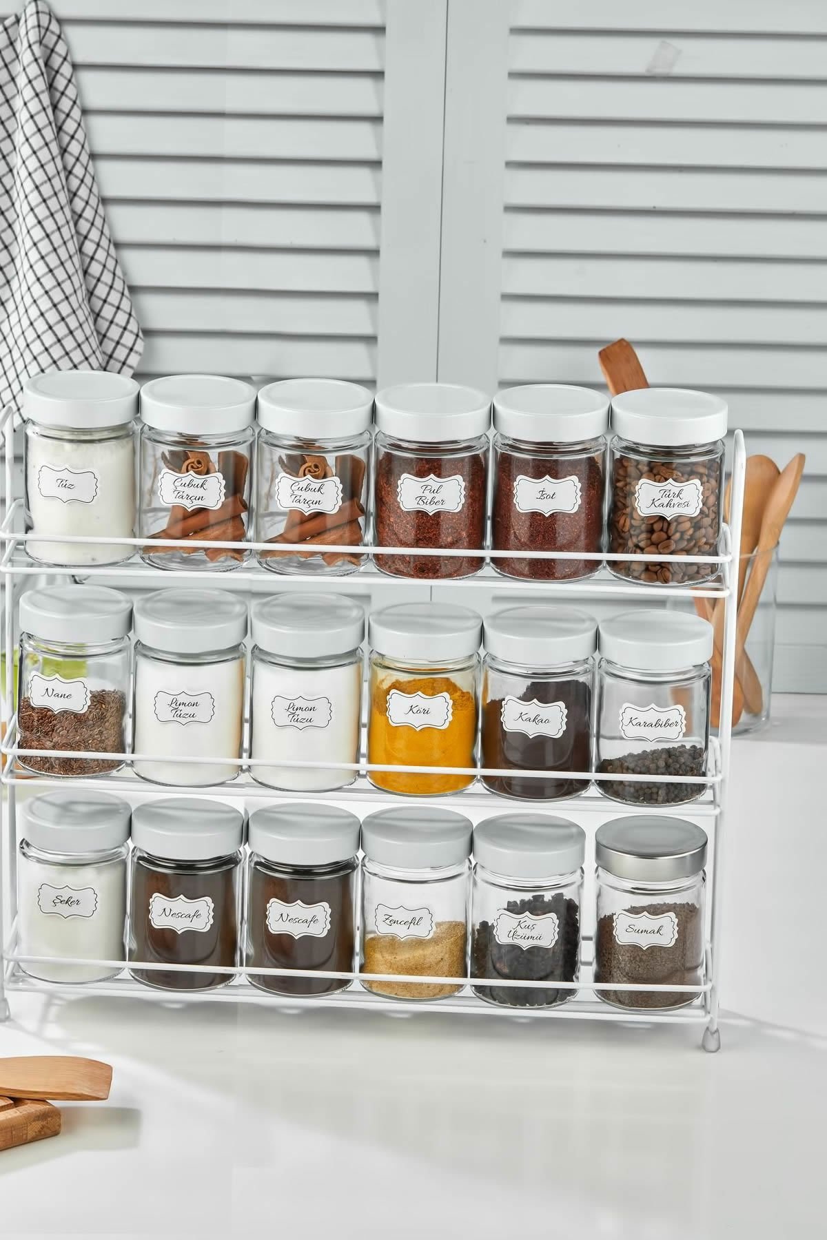 3 Katlı Büyük Stand 18 Li Yuvarlak Cam Baharat Seti - Baharat Takımı Beyaz