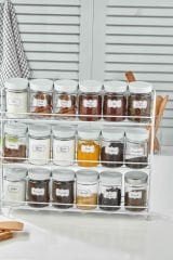3 Katlı Büyük Stand 18 Li Yuvarlak Cam Baharat Seti - Baharat Takımı Beyaz