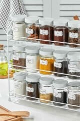 3 Katlı Büyük Stand 18 Li Yuvarlak Cam Baharat Seti - Baharat Takımı Beyaz