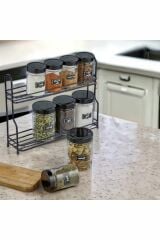 2 Katlı Metal Standl 9'lu Cam Kavanoz Ve Baharatlık Seti Siyah