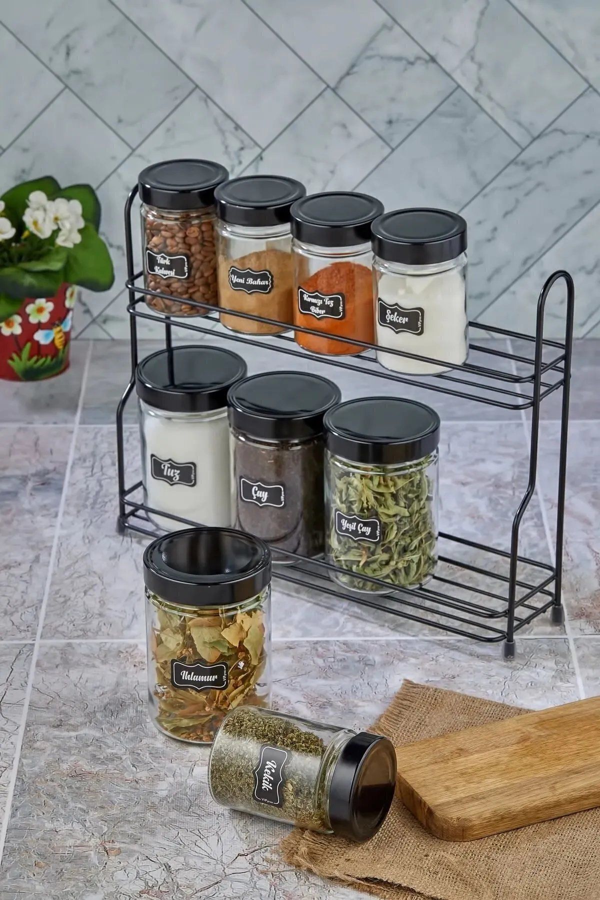 2 Katlı Metal Standl 9'lu Cam Kavanoz Ve Baharatlık Seti Siyah