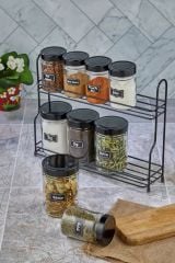 2 Katlı Metal Standl 9'lu Cam Kavanoz Ve Baharatlık Seti Siyah