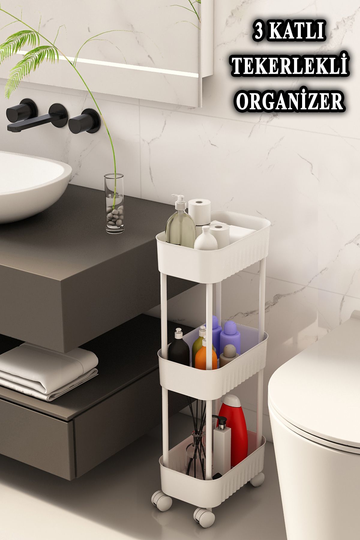 Lizbon Çok Amaçlı 3 Katlı Evye Altı Düzenleyici Dolap Içi Tegah Altı Tekerlekli Organizer Beyaz