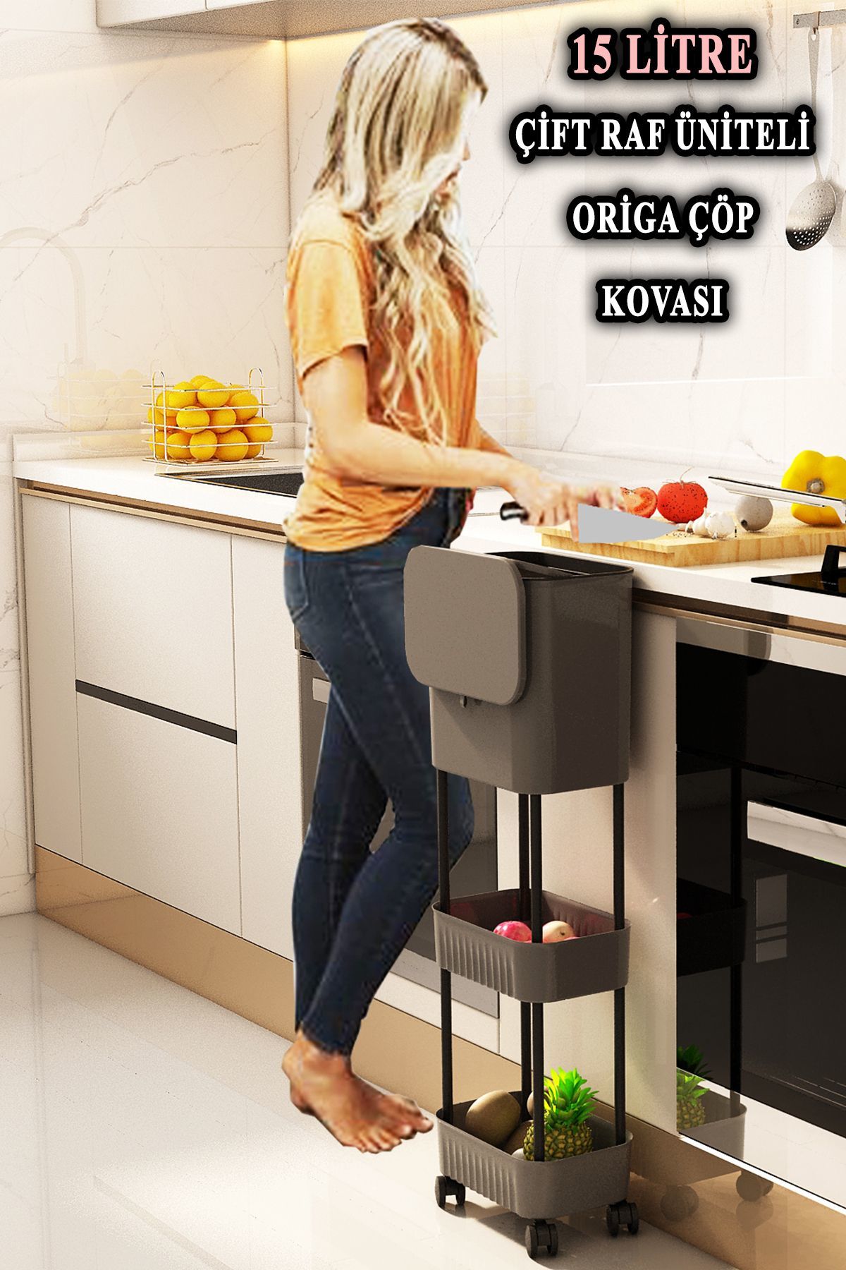 Origa Çift Raf Üniteli Tekerlekli Fonksiyonel Kapaklı Banyo Ve Mutfak Çöp Kovası Gri