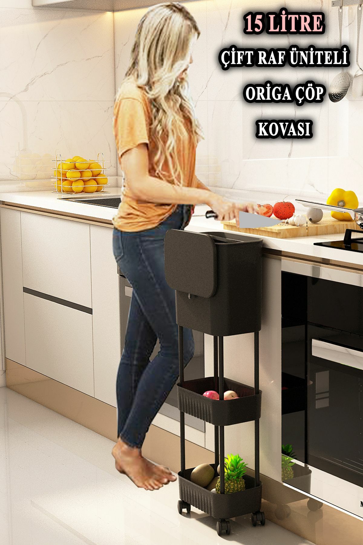 Origa Çift Raf Üniteli Tekerlekli Fonksiyonel Kapaklı Banyo Ve Mutfak Çöp Kovası Siyah