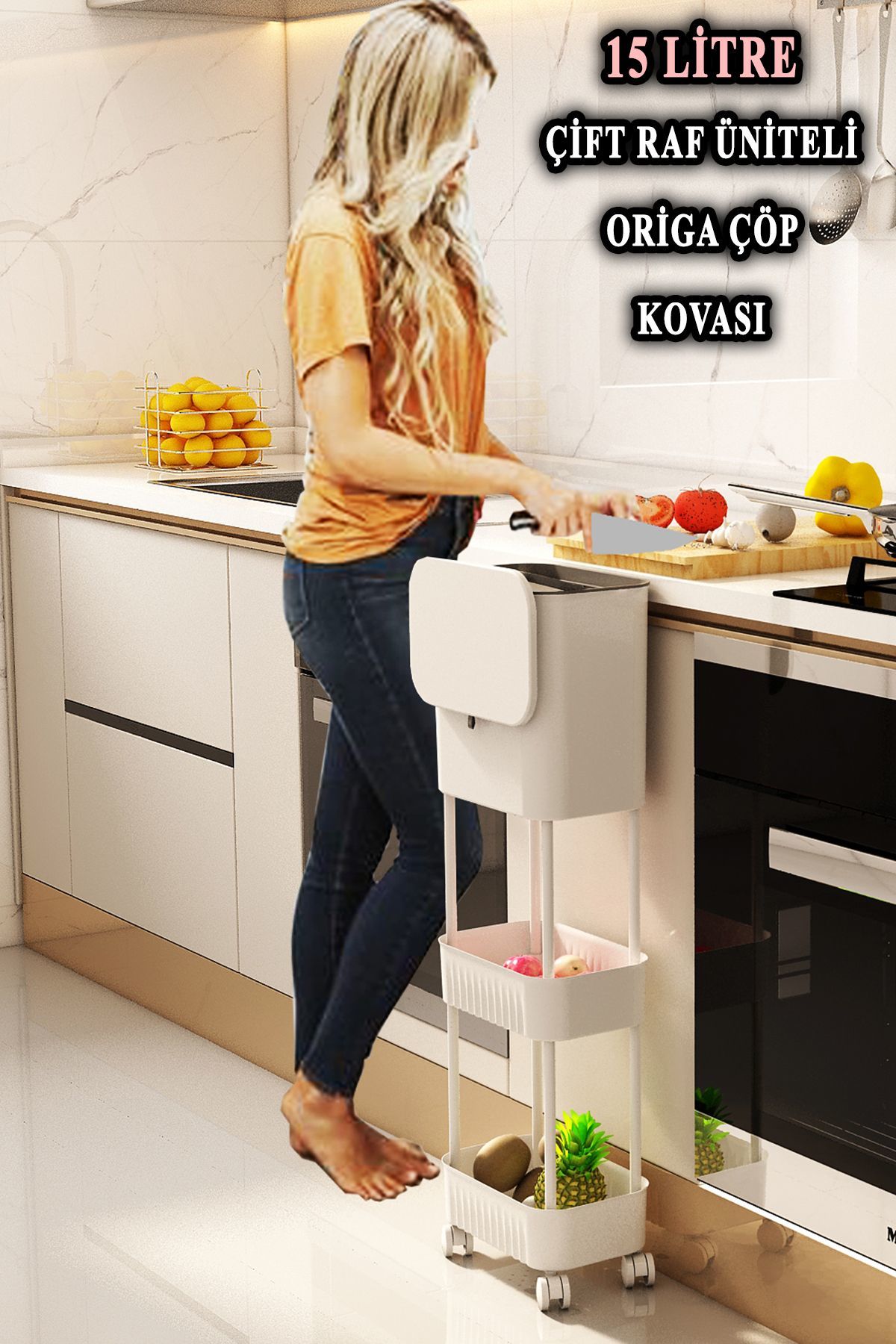 Origa Çift Raf Üniteli Tekerlekli Fonksiyonel Kapaklı Banyo Ve Mutfak Çöp Kovası Beyaz