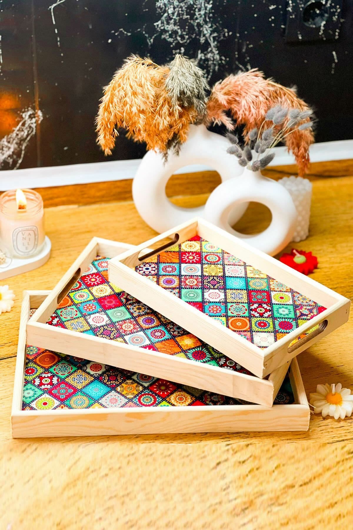 Ahşap 3 Boy Mandala Desen Servis Sunum Tepsisi Çay Kahve Sunumluk Tepsi Sofra Mutfak