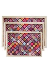 Ahşap 3 Boy Mandala Desen Servis Sunum Tepsisi Çay Kahve Sunumluk Tepsi Sofra Mutfak