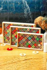 Ahşap 3 Boy Mandala Desen Servis Sunum Tepsisi Çay Kahve Sunumluk Tepsi Sofra Mutfak