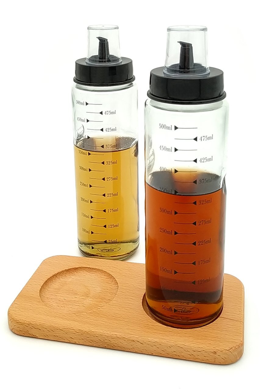 Ahşap Standlı 2`li 500 Ml Damlatmaz Akıllı Cam Yağlık Sirkelik Seti