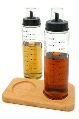 Ahşap Standlı 2`li 500 Ml Damlatmaz Akıllı Cam Yağlık Sirkelik Seti
