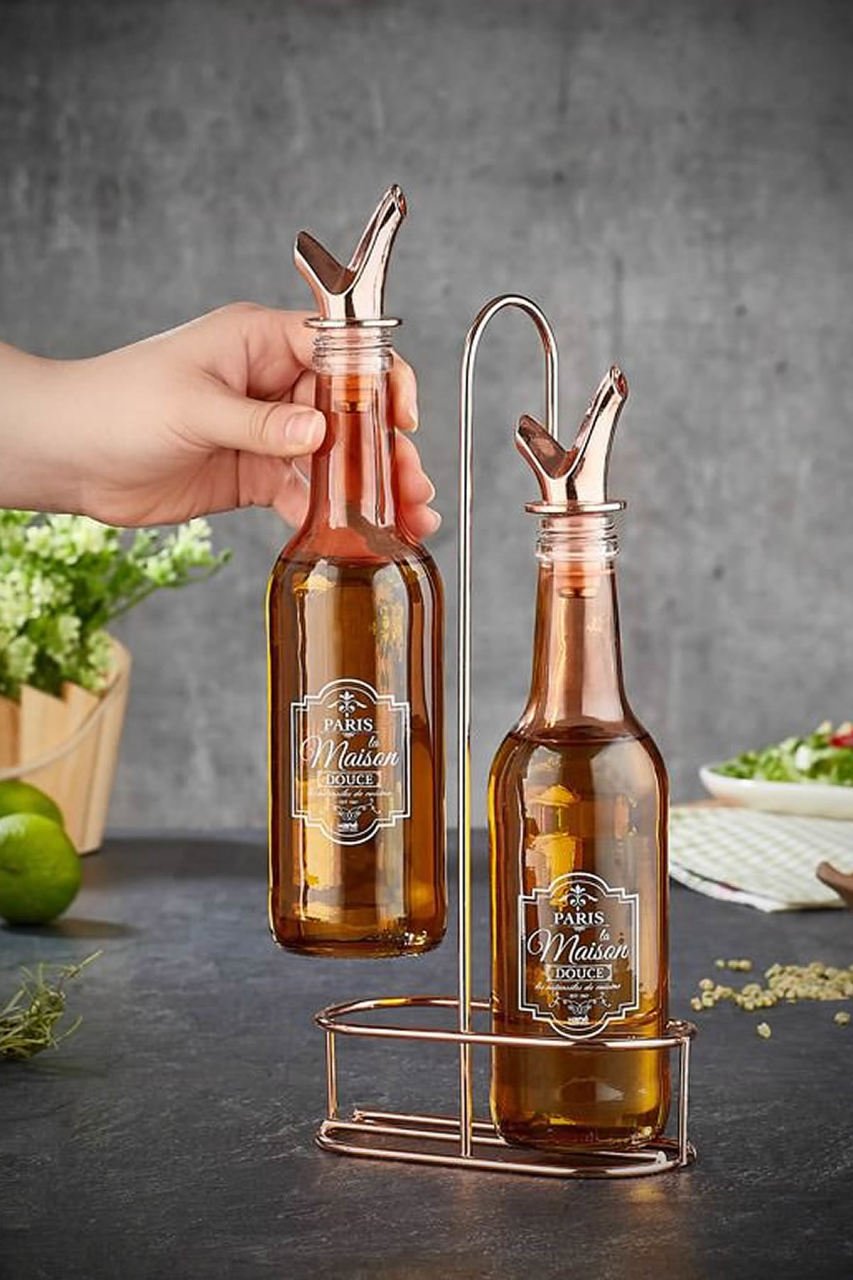 Rosegold Metal Standlı Yağlık ve Sirkelik Seti 330 cc Paris La Maison Yazılı