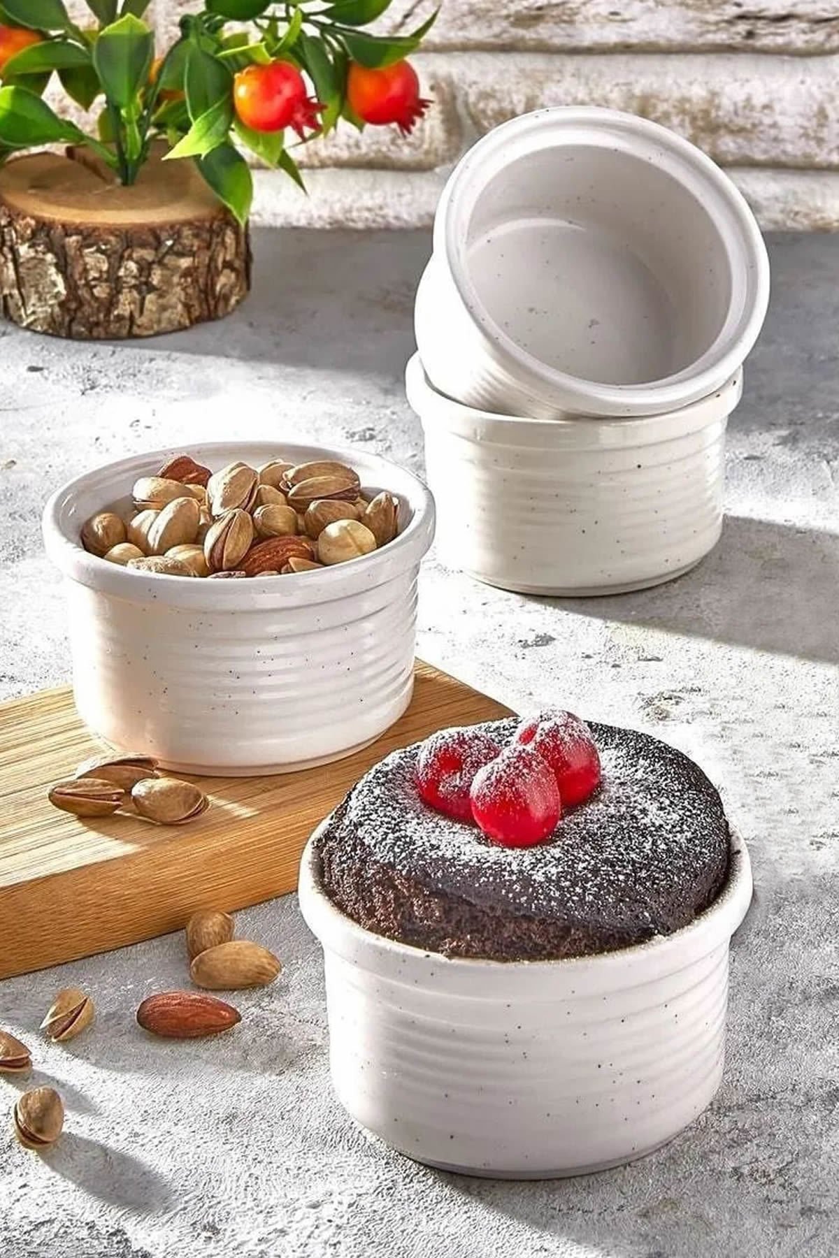 4'lü Bej Seramik Sufle Fırın Kabı ve Çerez Kasesi Çerezlik