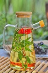Bambu Kapaklı Borosilikat Cam Yağlık Sirkelik Yağdanlık 1 Litre