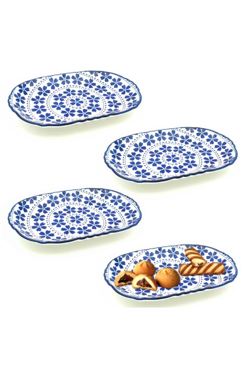 4lü Porselen Oval Tabak Yonca Desenli 20cm Mavi TR-1093