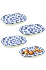 4lü Porselen Oval Tabak Yonca Desenli 20cm Mavi TR-1093