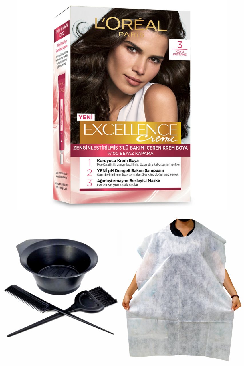 Excellence Saç Boyası 3 Koyu Kestane + Saç Boyama Önlüğü + Saç Boyama Seti