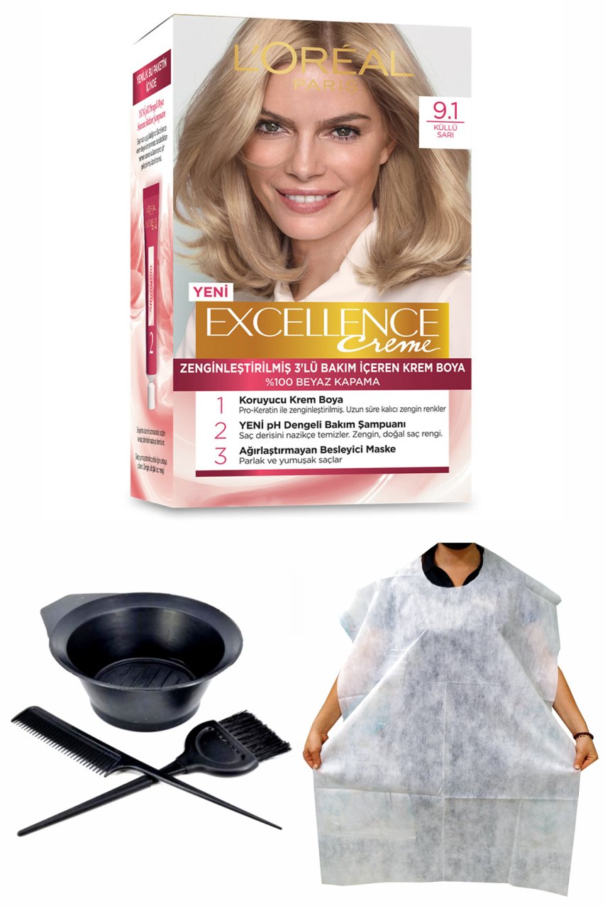 Excellence Saç Boyası 9.1 Sarı Küllü + Saç Boyama Önlüğü + Saç Boyama Seti