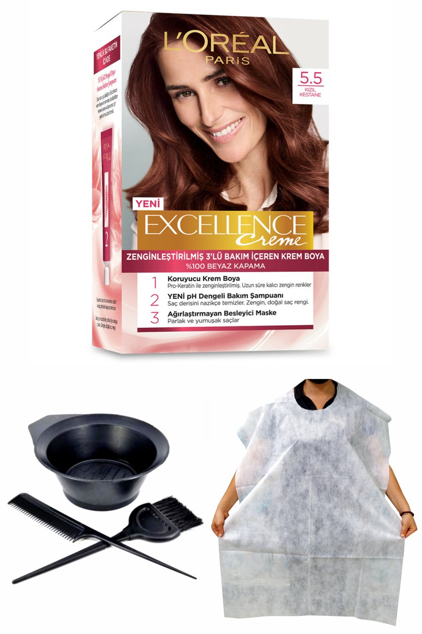 Excellence Saç Boyası 5.5 Kızıl Kestane + Saç Boyama Önlüğü + Saç Boyama Seti