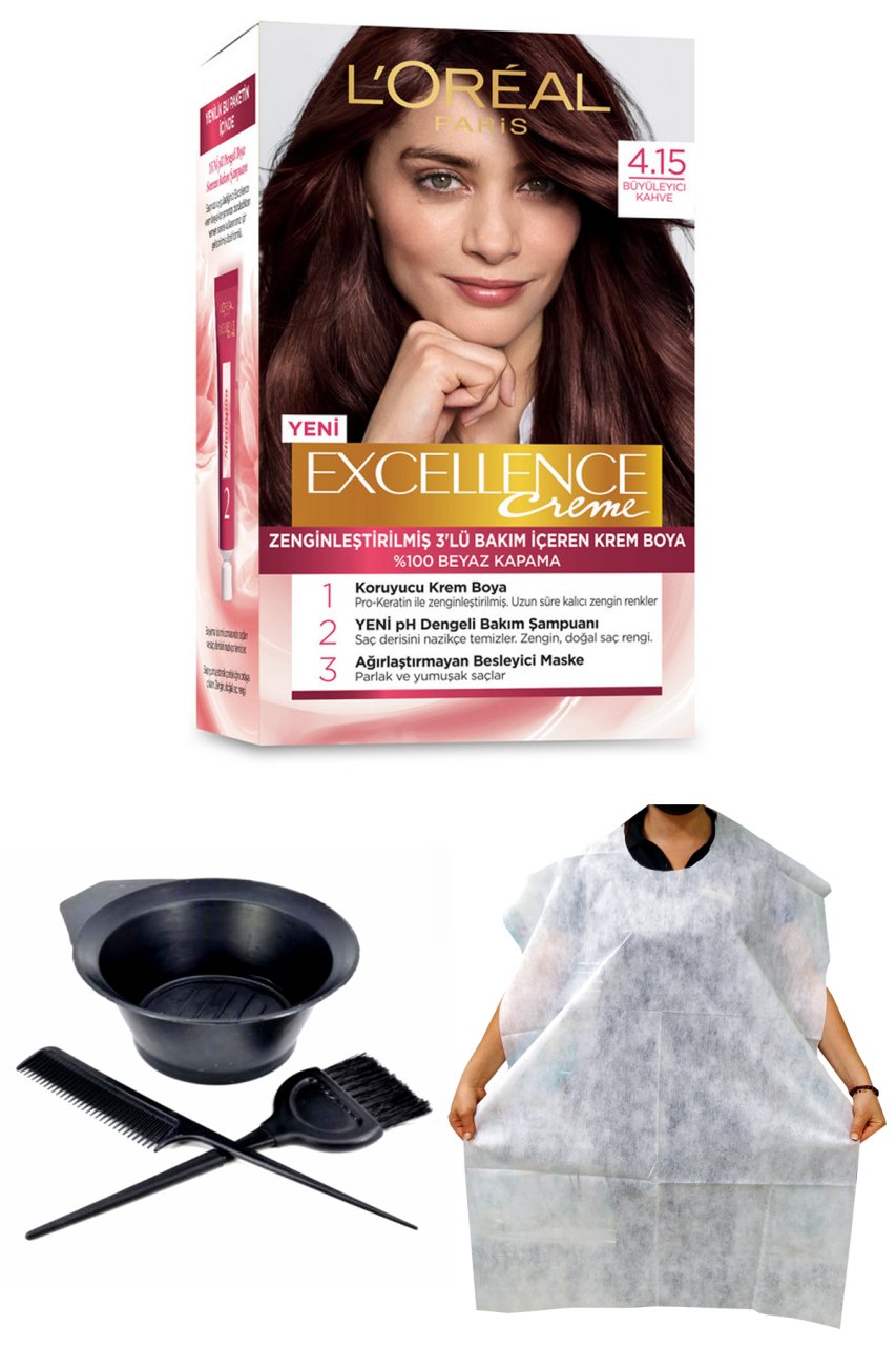 Excellence Saç Boyası Büyüleyici Kahve 4.15 + Saç Boyama Önlüğü + Saç Boyama Seti