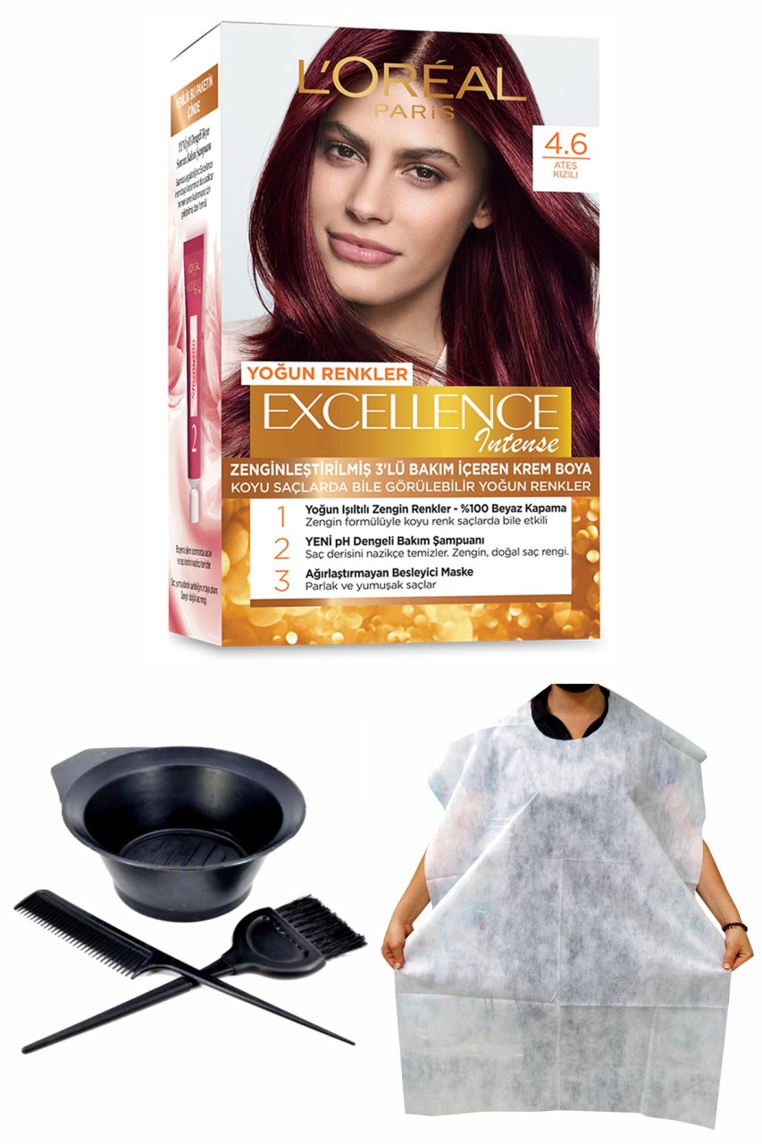 Excellence Intense Saç Boyası 4.6 Ateş Kızılı + Saç Boyama Önlüğü + Saç Boyama Seti