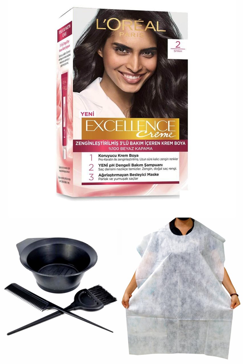 Excellence Cream 2 Siyah Saç Boyası + Saç Boyama Önlüğü + Saç Boyama Seti